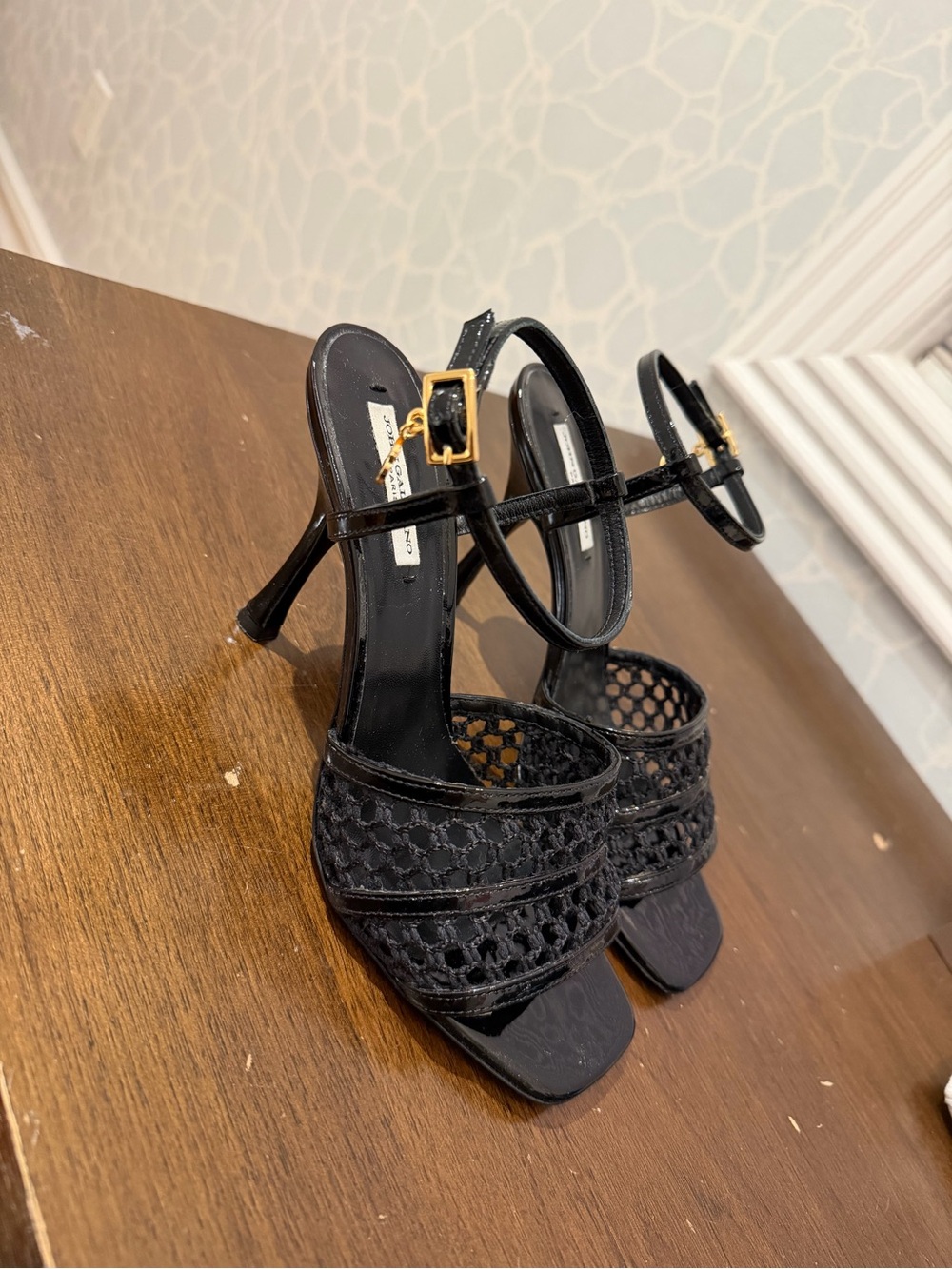John Galliano Black Strappy High Heel Sandals with Woven Detail